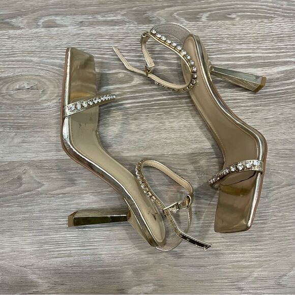 MARC FISHER KARIMA HEELED SANDALS Golden Tone Rhinestone Straps Sandals - Picture 10 of 11